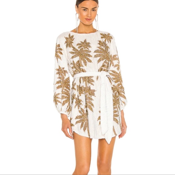 retrofete Grace Dress in White & Gold Palm
